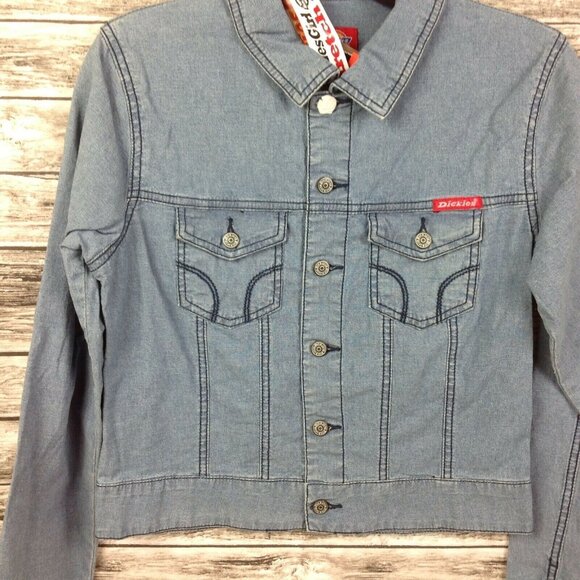 Dickies Girl Denim Jean Jacket Juniors Large Small High Waist Button Front - Picture 2 of 3